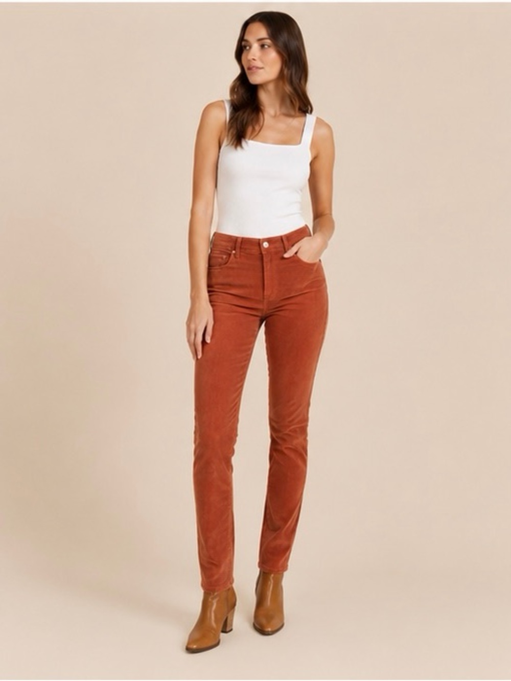 MOTHER High Waisted Looker Corduroy Pants 25 Coconut Shell Rust Brown Skinny